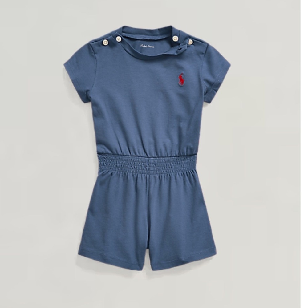 Ralph Lauren Baby Girls Blue Cotton Red Pony Cap Sleeve Playsuit Romper 12M